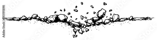 Detailed horizontal sketch of crumbling ground with flying rocks and debris