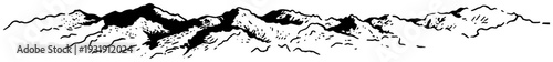 Hand drawn horizontal ink sketch of a wide mountain range landscape
