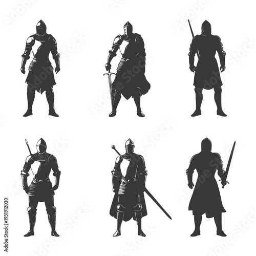 Six Silhouette Illustrations of Medieval Knights in Armor