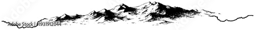 Detailed vintage ink drawing of jagged mountain peaks and rocky horizon