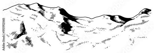 Perspective ink drawing of mountain slopes with detailed cross hatch shading
