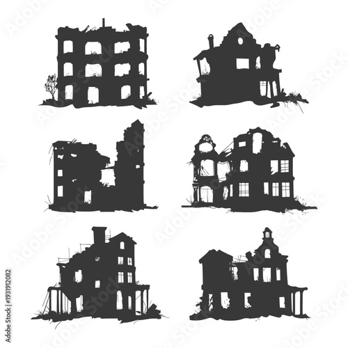 Six Silhouettes of Abandoned, Ruined Buildings