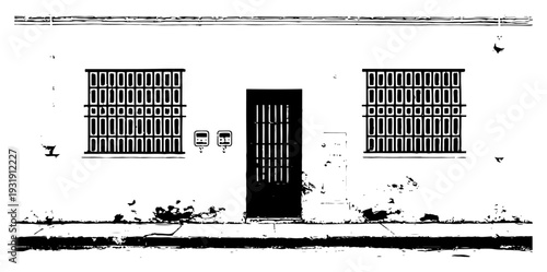 High contrast black and white ink drawing of a building facade with barred windows