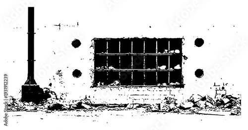 Grunge black and white industrial wall with barred prison window and chimney silhouette