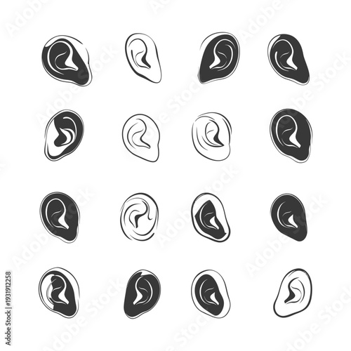 Sixteen Black and White Hand-Drawn Ear Illustrations