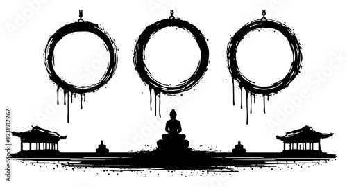 Zen composition with Buddha silhouette and dripping circular ink frames above oriental temples