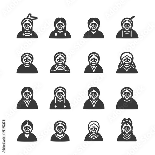 Sixteen Black and White Illustrations of Native American Elders