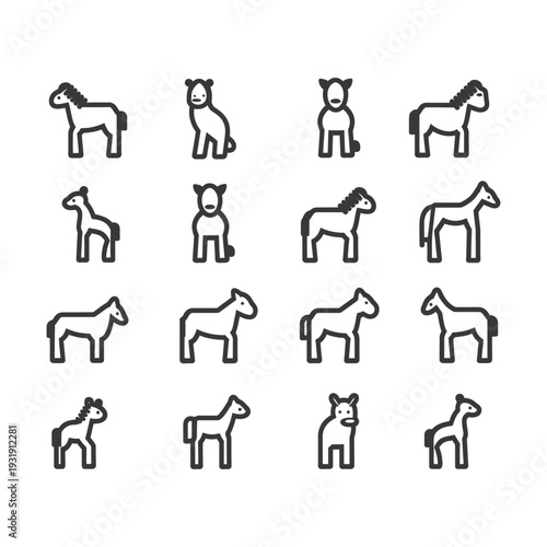 Sixteen Black and White Horse and Pony Line Icons