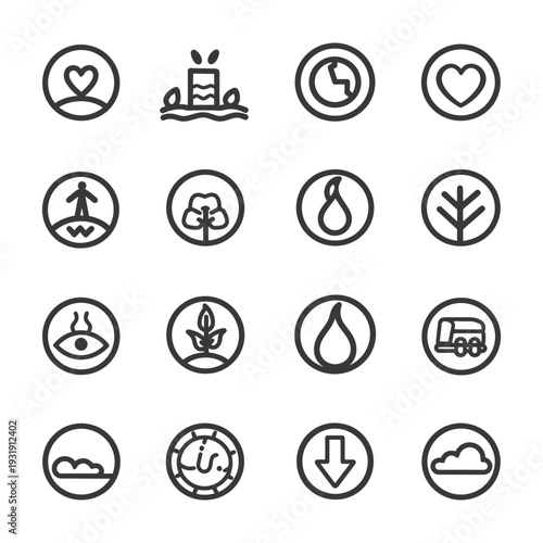 Sixteen Circular Icons with Various Symbols Depicting Nature, People, and Objects