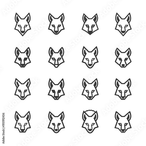 Sixteen Geometric Line Drawings of a Wolf's Head