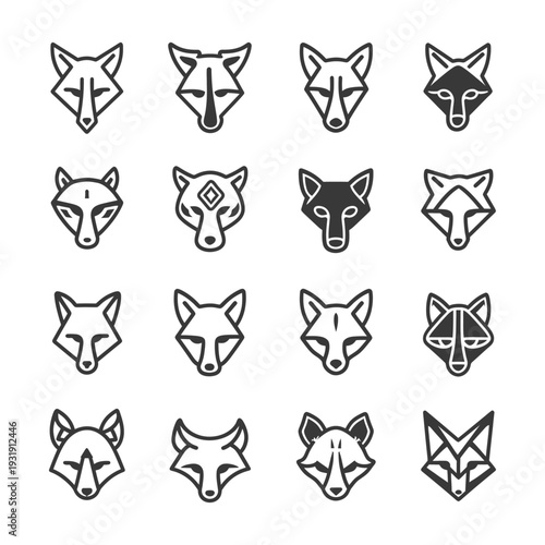Sixteen Geometric Fox Head Icons in Black and White