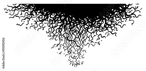 Abstract hanging composition of tangled curly ink lines in a triangular shape