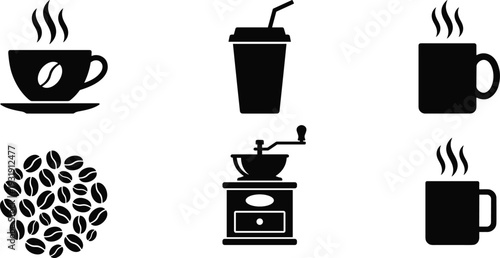 Minimalist coffee icon collection featuring cup, mug, takeaway cup, beans and manual grinder silhouettes isolated on light background vector set