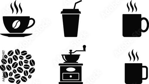 Black coffee icon set with cup, beans, grinder, takeaway and mug silhouettes isolated on gray background vector illustration