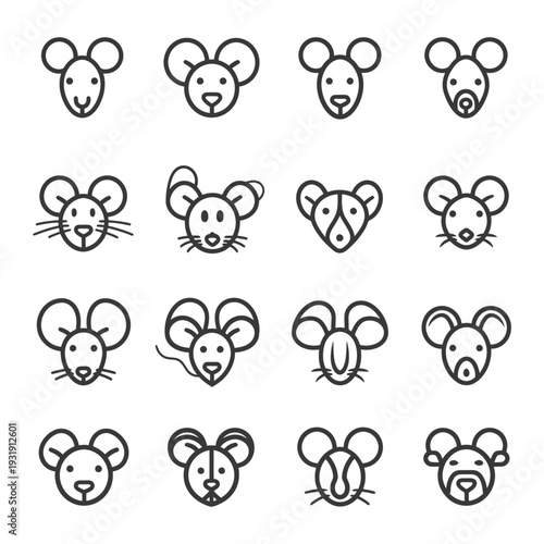 Sixteen Line Art Illustrations of Mouse Faces