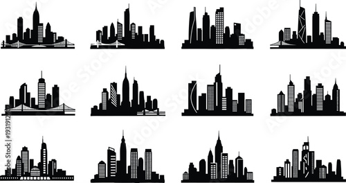 Global city skyline silhouettes collection featuring modern skyscrapers, downtown urban buildings and famous landmarks isolated on light background vector set