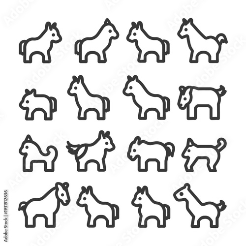 Sixteen Line Drawings of Standing Horses in Different Poses