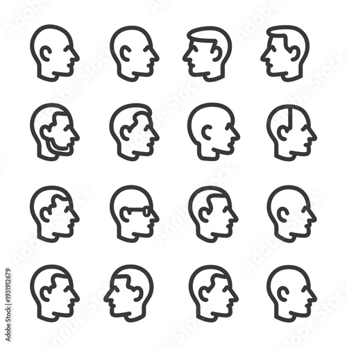 Sixteen Outline Illustrations of Male Heads in Profile