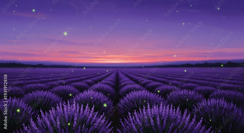 Fototapeta premium Lavender field at dusk with fireflies illustration