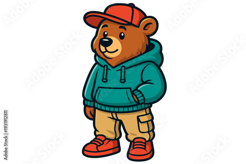Stylish cartoon bear character wearing a hoodie and cap, standing confidently with casual attire in a playful urban setting