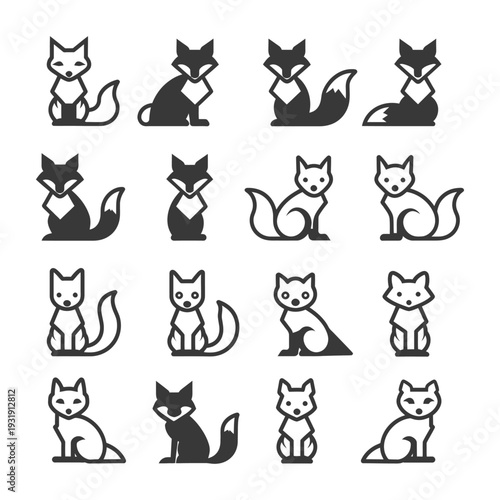 Sixteen Simple Fox Icons with Various Styles and Positions