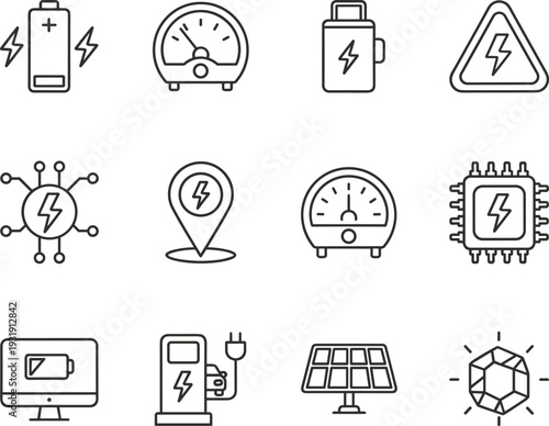 Energy and electricity technology icons, battery, power bank, hazard sign, circuit diagram, charging station, solar panel, microchip illustration