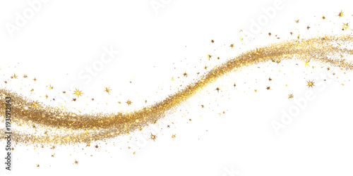 Elegant golden glitter wave with sparkling dust particles and shimmering light effects on white background vector illustration