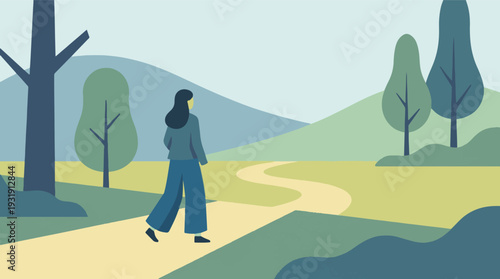 Woman walking on a winding path through a minimalist natural landscape