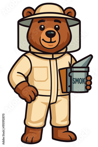 Cartoon bear in beekeeper suit holding a smoker standing confidently with a friendly smile
