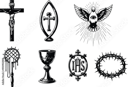 Vector illustrations of christian symbols isolated on transparent background