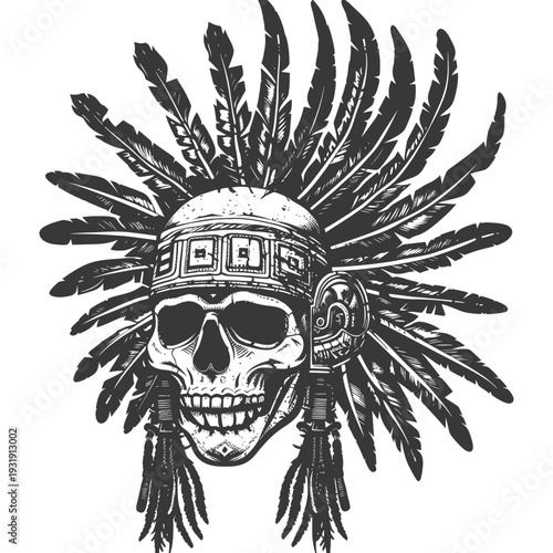 Skull in Native American Headdress with Feathers