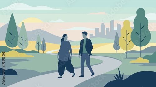 Minimalist flat illustration of a couple walking in a park with a city skyline