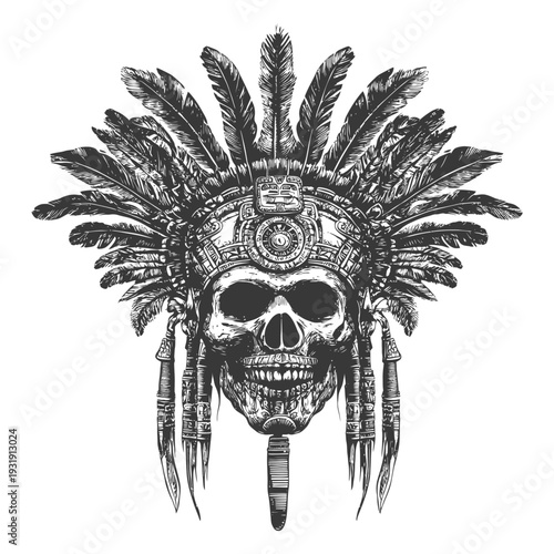 Skull in Ornate Native American Headdress with Feathers