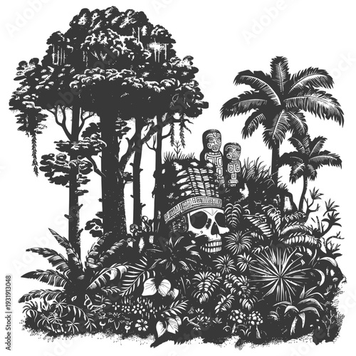Skull in Tropical Jungle with Tribal Masks