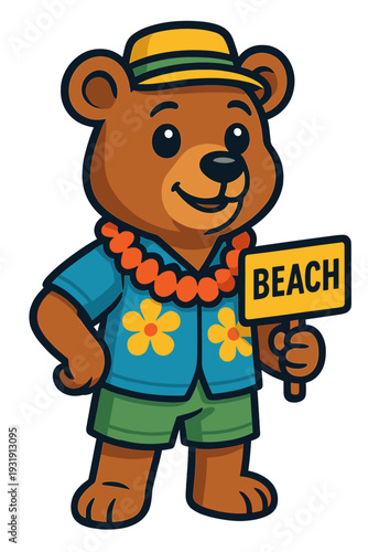 Cute bear dressed for a beach party holding a beach sign in a vibrant summer setting