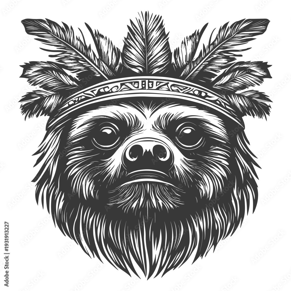 Obraz premium Sloth Wearing a Headdress of Feathers and a Band