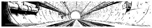 Detailed artistic sketch of an underground concrete tunnel with dramatic perspective