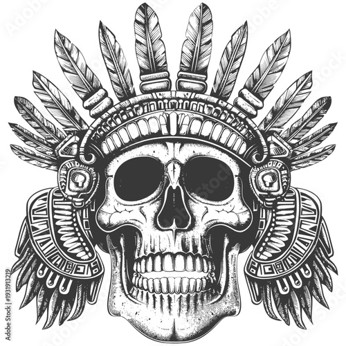 Skull with Feathers and Aztec Ornamentation