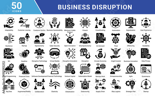Business Disruption icon set illustrating digital transformation,disruptive innovation,startups,fintech,automation,data-driven strategy,and modern business challenges in the digital economy.