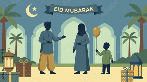 Eid Mubarak family celebration illustration with gifts, lanterns, and mosque arches