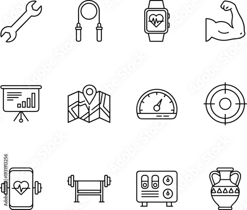 Fitness and health tracking icons, jump rope, smartwatch heart rate, flexed arm, smartphone fitness app, weight bench, target, control panel