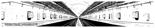 Wide perspective ink drawing of a long subway tunnel corridor with symmetrical details