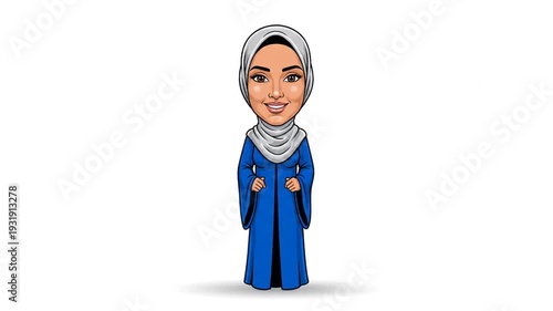 Cartoon-style illustration depicts a smiling woman wearing a gray hijab and a long, blue robe