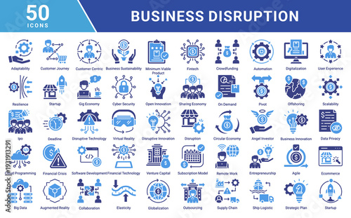 Business Disruption icon set illustrating digital transformation,disruptive innovation,startups,fintech,automation,data-driven strategy,and modern business challenges in the digital economy.