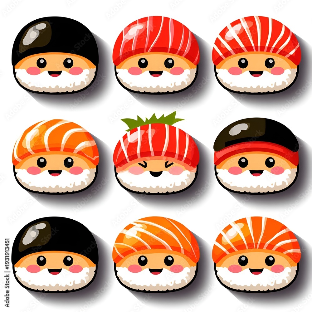 Fototapeta premium cute kawaii sushi characters with faces on white background