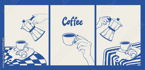 Minimal blue coffee posters set with espresso cups, moka pots and croissants. Modern kitchen interior wall art decor with cozy cafe vibes for prints, banners, cards, wallpapers, social media visuals