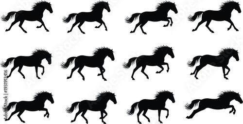 Running horse silhouette collection featuring galloping black stallion poses isolated on light background vector illustration set for equestrian design