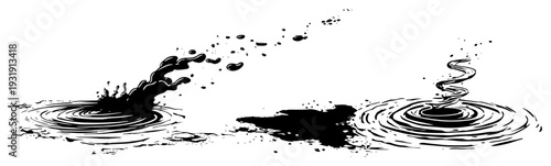 Artistic ink sketch of water surface ripples splashes and a small whirlpool