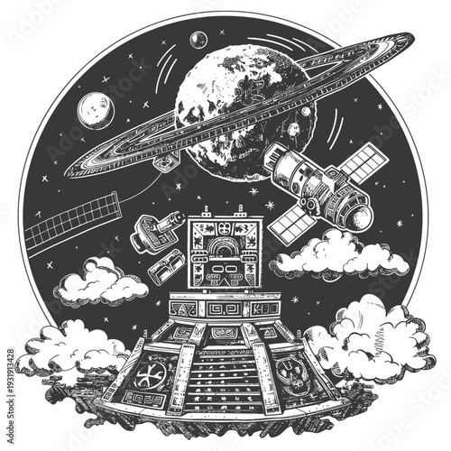 Space Station Orbiting a Planet with Rings in a Starry Sky