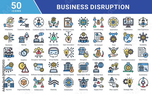 Business Disruption icon set illustrating digital transformation,disruptive innovation,startups,fintech,automation,data-driven strategy,and modern business challenges in the digital economy.